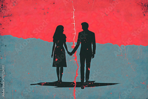 Couple Illustration On Torn Paper, Divorce or Family Crisis Abstract Concept, Break Up