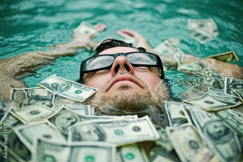 businessman swimming with money. wealth and success concept. To be rolling in money