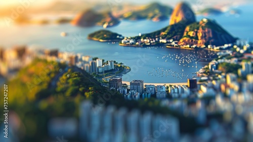 Tilt-shift photography of the Rio de Janeiro. Top view of the city in postcard style. Miniature houses, streets and buildings