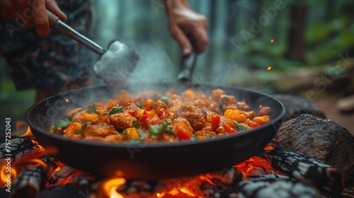 frying pan with meat stew on fire