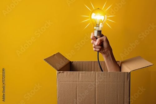 Hand coming out of a cardboard box holding a light bulb, concept of idea and creativity.