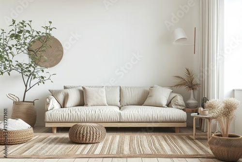 Modern laconic minimalist living room interior in neutral beige colors, with a cozy light sofa, pillows and white empty walls with copyspace