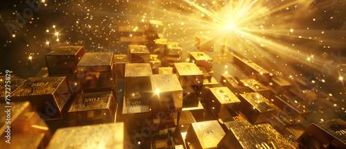A soaring stack of burnished gold bars, each ingot reflecting myriad rays of warm radiance. Surrounded by a nebulous swirl of shimmering gold particulate, suspended in a metaphysical financial vortex