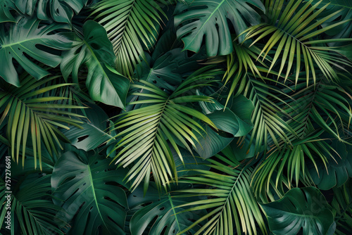 Beach cheerful pattern wallpaper of tropical dark green leaves of palm trees.