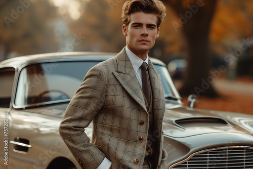 Old money aesthetic style handsome young man in a vintage style suit standing near his classic sport car. Generative ai