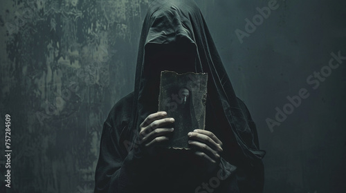 Solitary figure shrouded in shadow, clutching a weathered photograph, with dim lighting reflecting the isolation and weight of depression