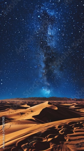 A desert scene with rolling sand dunes and a clear starry night sky