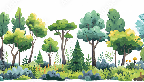 Vibrant, stylized illustration of a dense forest with a variety of trees and underbrush, ideal for backgrounds or environmental themes, with ample copy space
