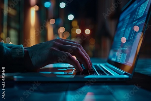 Hand of a man using laptop computer for hacking or steal data at night in office. Hacking concept