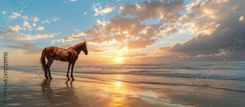 Horses are on the beach at sunset
