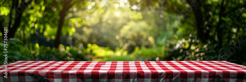 A bright, sunny ambiance highlights a red and white gingham tablecloth ready for a picnic