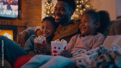 An African American dad with his son and daughter enjoying a themed movie night, snuggled together on the couch with popcorn and blankets, watching a classic film and sharing smiles of joy.