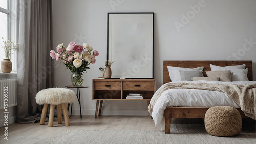 Flowers on wooden stool and pouf in white bedroom interior with empty posters above bed