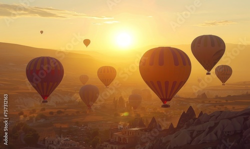 Enchanting view of hot air balloons drifting peacefully over the Cappadocia valley at dawn