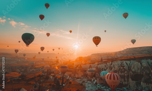 Colorful hot air balloons of Cappadocia float gracefully over the valley