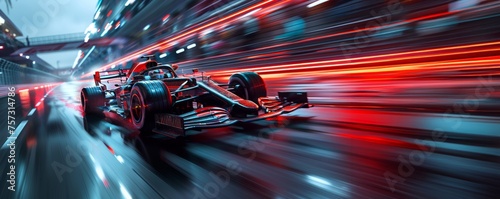 Fast racing car driving on high speed along the street with blurred lights in neon. Evening race. Concept of motor sport, racing, competition
