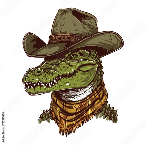 Crocodiles Head wearing wearing cowboy hat and bandana around neck