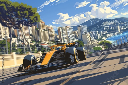 Formula One racing event. Bright yellow racing car in motion with high speed riding along the street road