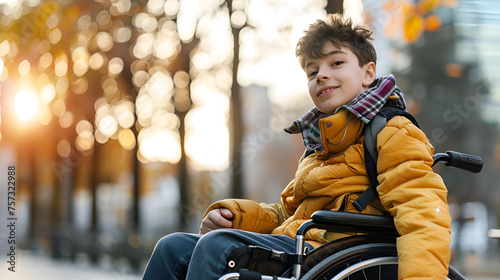 Gen Z Boy in a Wheelchair in the City with Copy Space, Diversity and Inclusion Concept, Young Handicapped Person in Urban Environment, Disability Representation, Empowerment and Accessibility, Generat