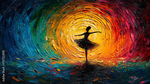 An abstract painting of a ballet dancer against a vibrant, multicolored circular background.