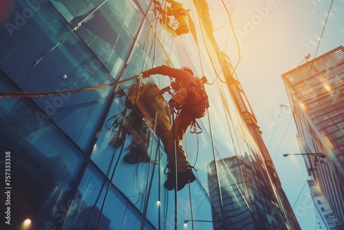 A man is cleaning the windows of a tall building against the electric blue sky, creating a symmetrical facade in the city, like a fictional character in a futuristic event