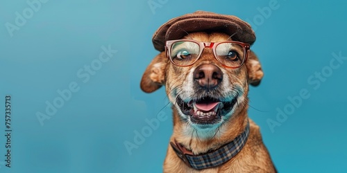 Happy dog studio shot, wearing glasses and hat, blue background , concept of Pet fashion