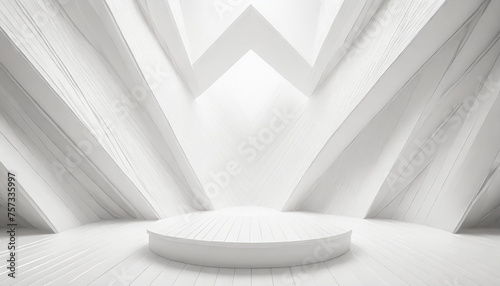 Soft light white abstract stage in elegant futuristic geometric style with simple lines and corners, polygons as background with white wood shelf for advertisement, presentation products, design.