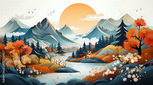 Tranquil autumn mountain valley illustration.Artistic rendition of a peaceful autumn valley with mountains, perfect for seasonal decor, travel inspiration, and nature-themed creative projects.