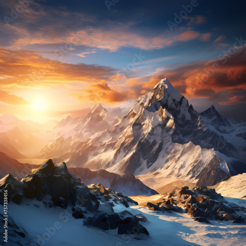A snow-covered mountain range at sunrise. 
