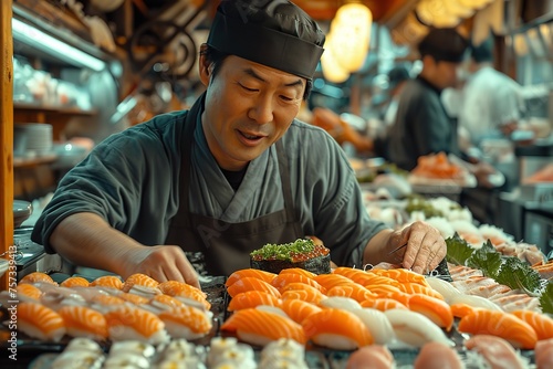 A bustling fish market in Tokyo, with vendors expertly slicing sashimi and arranging it artfully on plates
