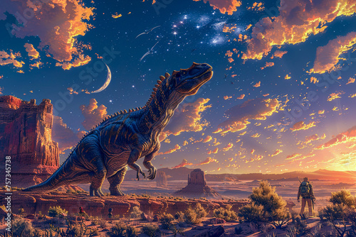 A creative artwork depicting a remote landscape where the vibrant life of the desert meets the majestic presence of dinosaurs under a sky that tells the story of countless sunsets and dawns