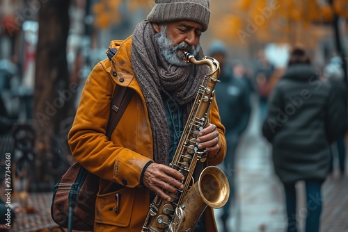 A street musician playing a soulful melody on a saxophone, drawing a crowd of admirers