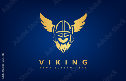 Viking and anchor logo. Scandinavian sailors symbol. Nordic warrior design. Horned Norseman symbol. Barbarian man head icon with horn helmet and beard.