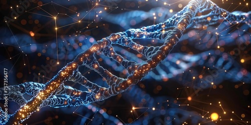 dna genome decoding technology icons figures interlaced The image is a representation of a DNA double helix. The blue and orange strands are intertwined and surrounded by a starry background.
