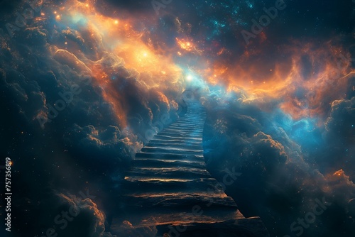 Stairway to heaven concept through a cosmic landscape, symbolizing journey, spirituality, and the quest for enlightenment