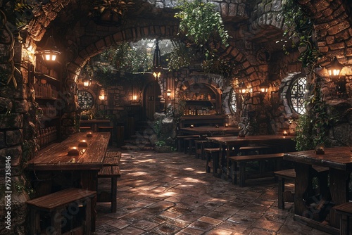 Medieval themed tavern with stone walls and heavy wooden tablesHyperrealistic