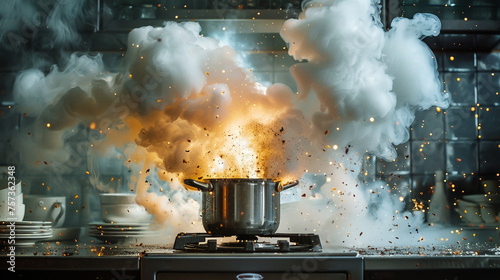 A closeup of a pressure cooker exploding steam and metal fragments flying in all directions