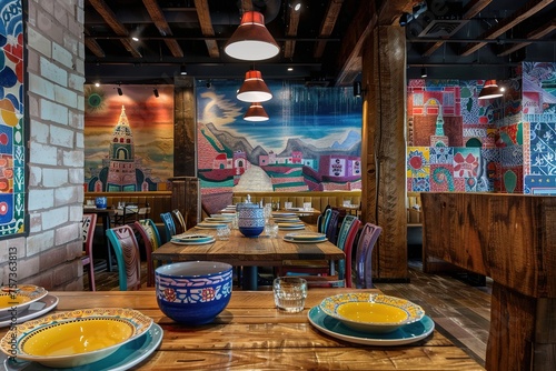 Colorful Mexican restaurant interior with vibrant decor and traditional elements.