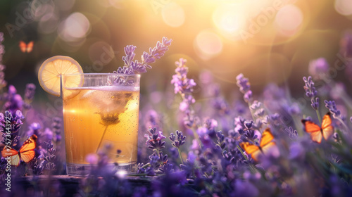 A cold drink with lemon and ice is embellished with lavender, surrounded by butterflies in a magical light