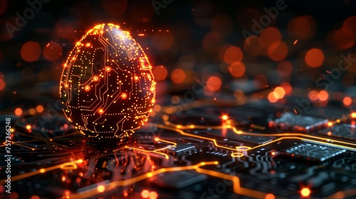 Glowing digital modern illustration of a glowing 3D egg in futuristic tech style. Abstract 3D egg with circuit board texture on a greeting card.