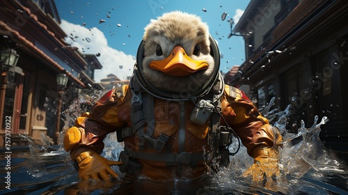 A duck wearing a spacesuit is in a pool of water