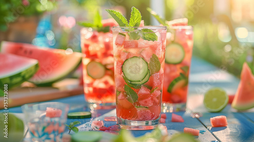 A cool summer cocktail with watermelon, cucumber, and mint garnished to beat the heat during sunny days