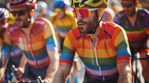 Cyclists in Colorful Gear Competing in a Sunny Road Race