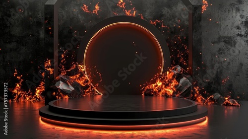 Black podium with fire pit is surrounded by architectural arches in a circular formation. good for display premium product