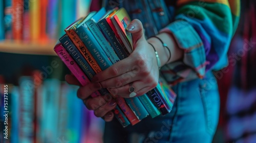 Avid Reader Showcasing a Colorful Collection of Books in a Vibrant Library