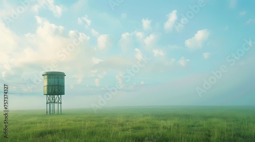 Water tower supply in green meadow