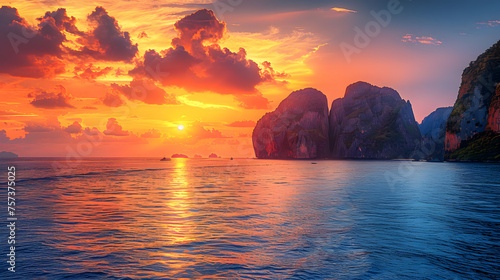 A photo of the Phi Phi Islands, with towering limestone cliffs as the background, during a vibrant sunset