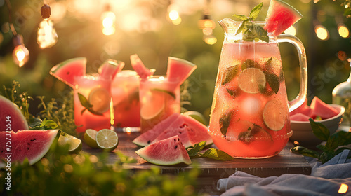 A pitcher of watermelon beverage set on an outdoor table during golden hour with a natural backdrop
