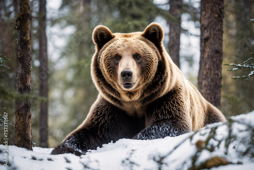 Big brown bear lies in the winter forest. Portrait of animal. Ranging or insomniac travelling bear.