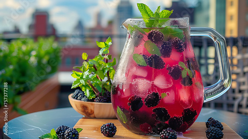 Outdoor setting of a refreshing blackberry mint iced tea in a clear glass pitcher on a balcony